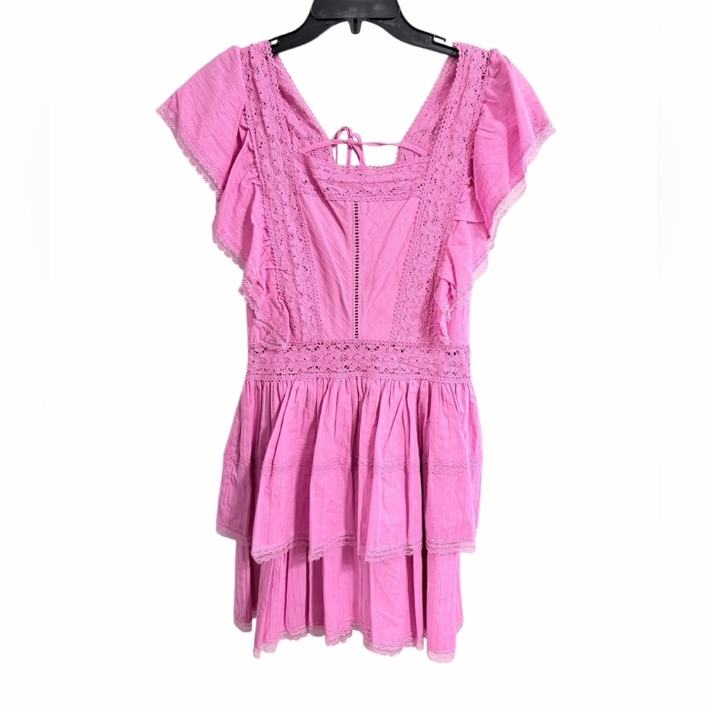 Chelsea & Violet Lace Flutter Sleeve Tiered Mini Dress Taffy Pink NWT